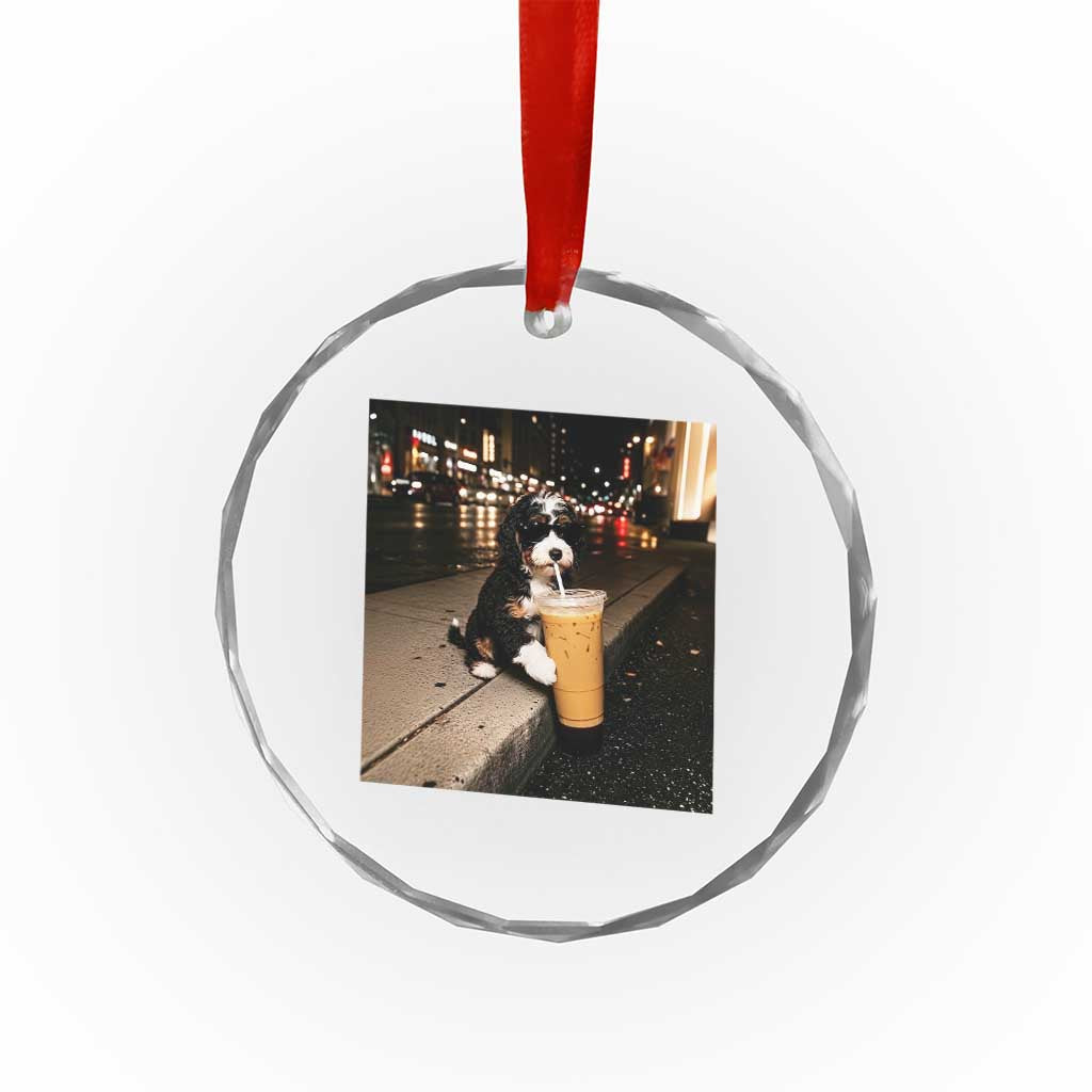 Bernedoodle Dog Drinking Iced Coffee Crystal Glass Ornament Funny Coffee Lover Gift for Dog Moms Dads