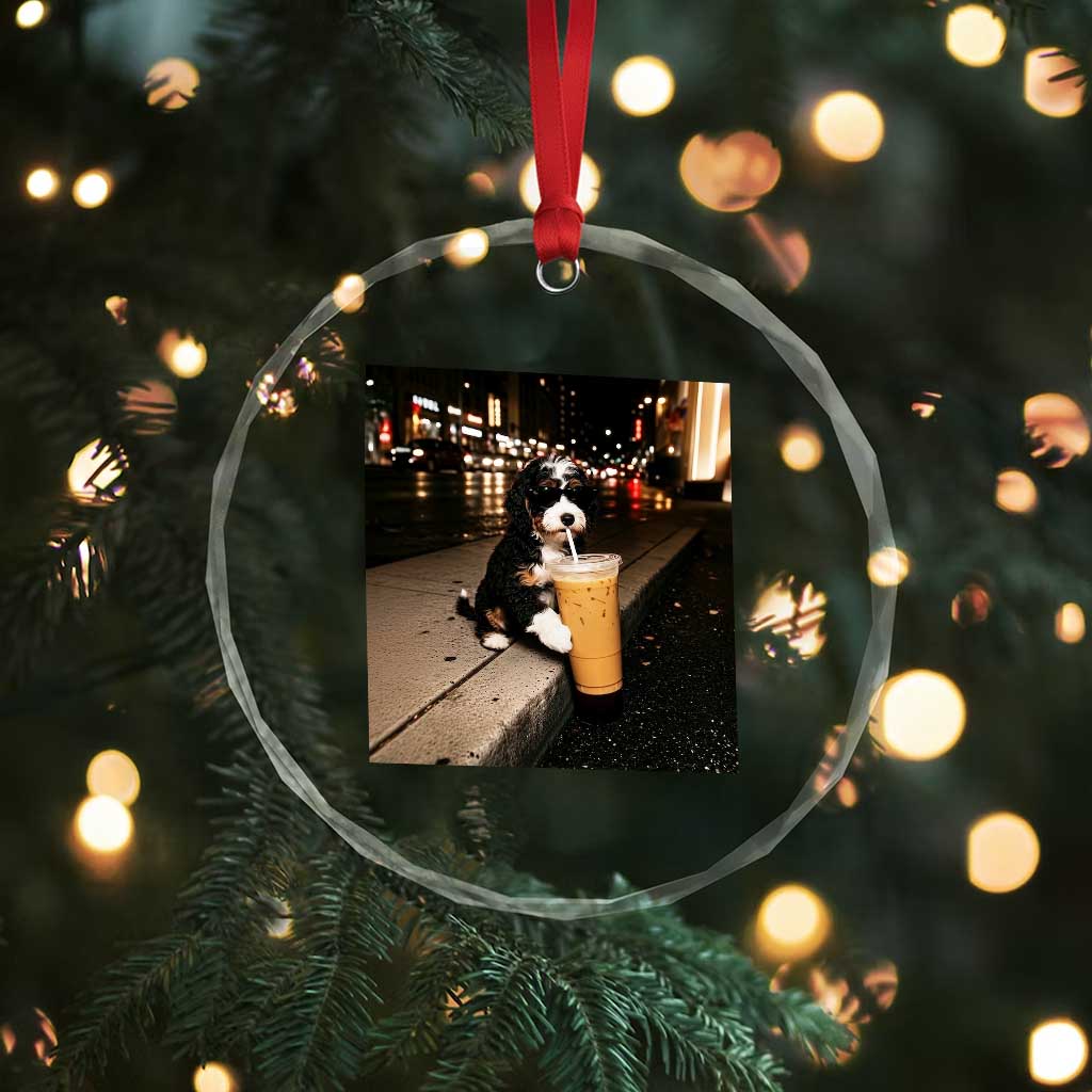 Bernedoodle Dog Drinking Iced Coffee Crystal Glass Ornament Funny Coffee Lover Gift for Dog Moms Dads