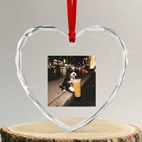 Bernedoodle Dog Drinking Iced Coffee Heart Crystal Glass Ornament Funny Coffee Lover Gift for Dog Moms Dads