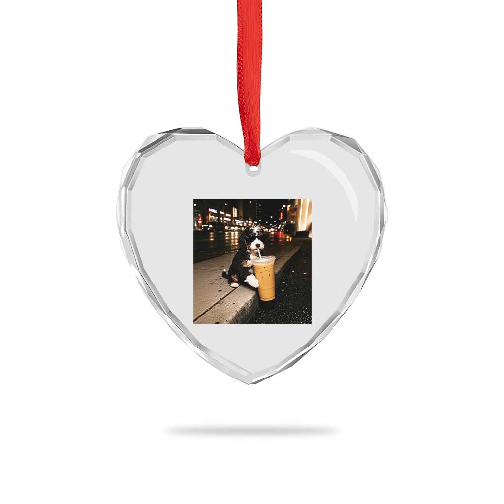 Bernedoodle Dog Drinking Iced Coffee Heart Crystal Glass Ornament Funny Coffee Lover Gift for Dog Moms Dads