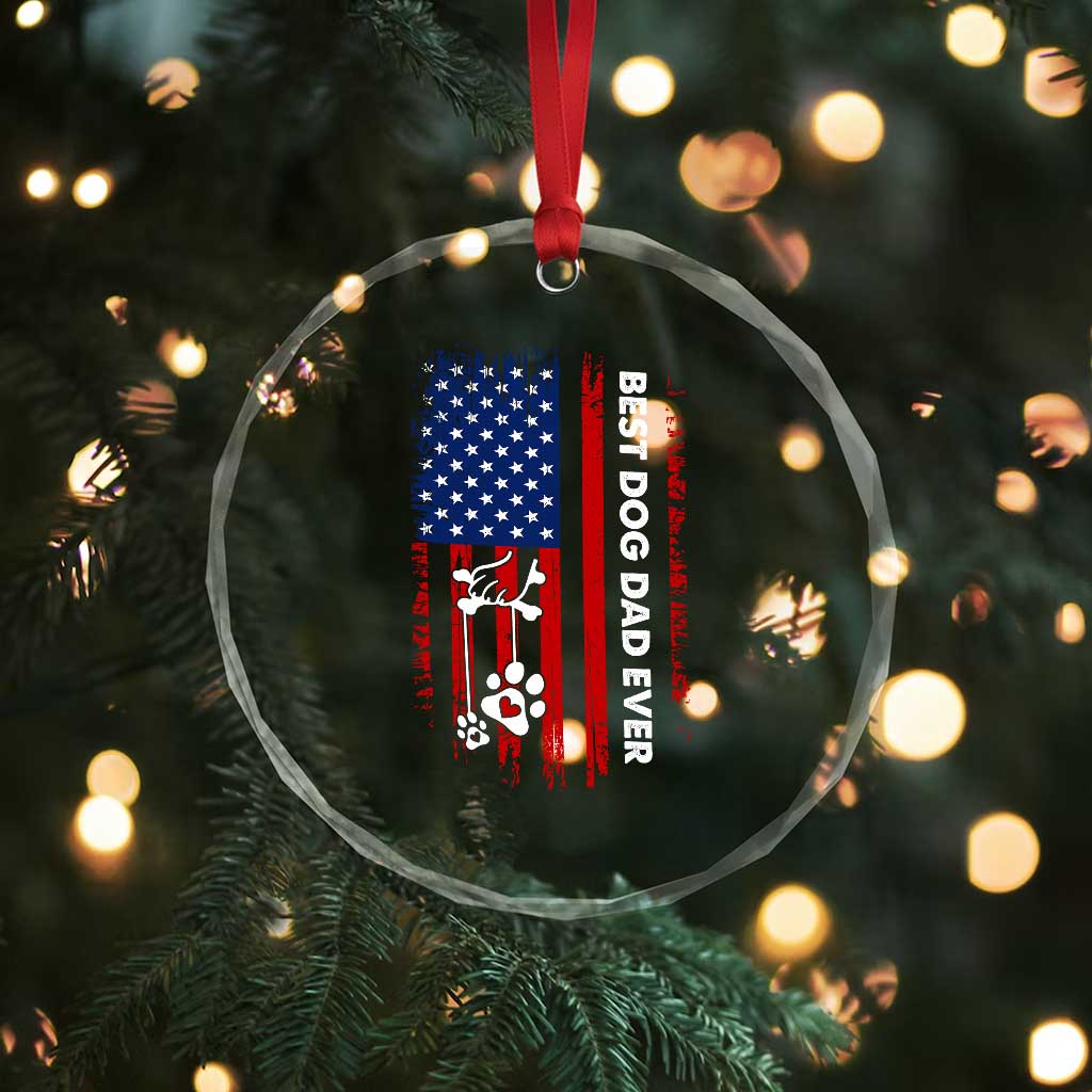 Best Dog Dad Ever Crystal Glass Ornament Fathers Day Gift From Dog USA Flag Puppy Lover Paw