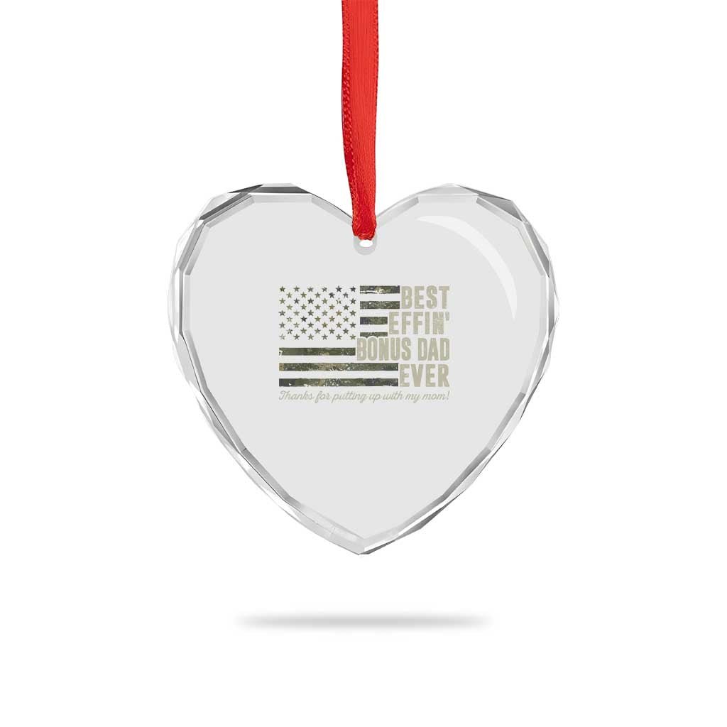 Best Effin’ Bonus Dad Ever Heart Crystal Glass Ornament Step Dad Camo American Flag Camouflage