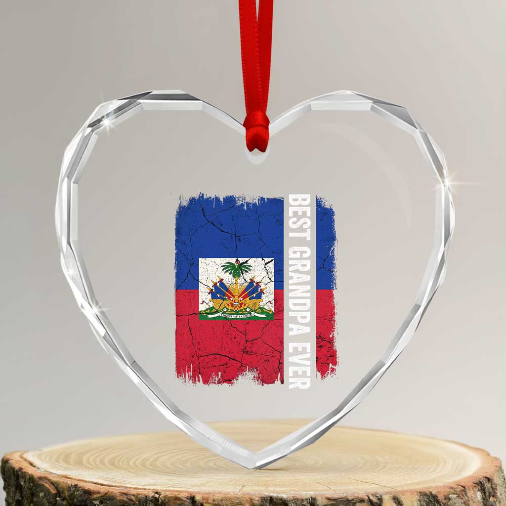 Best Grandpa Ever Haitian Granpapa Heart Crystal Glass Ornament Vintage Distressed Haiti Flag Father's Day