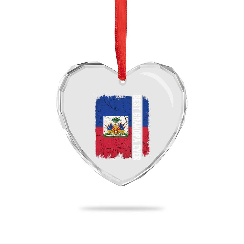 Best Grandpa Ever Haitian Granpapa Heart Crystal Glass Ornament Vintage Distressed Haiti Flag Father's Day