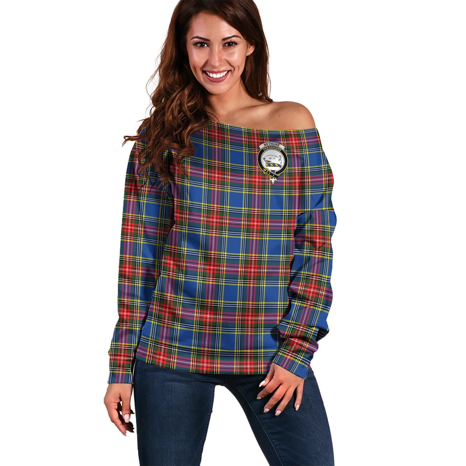 bethune-clan-tartan-off-shoulder-sweater-family-crest-sweater-for-women