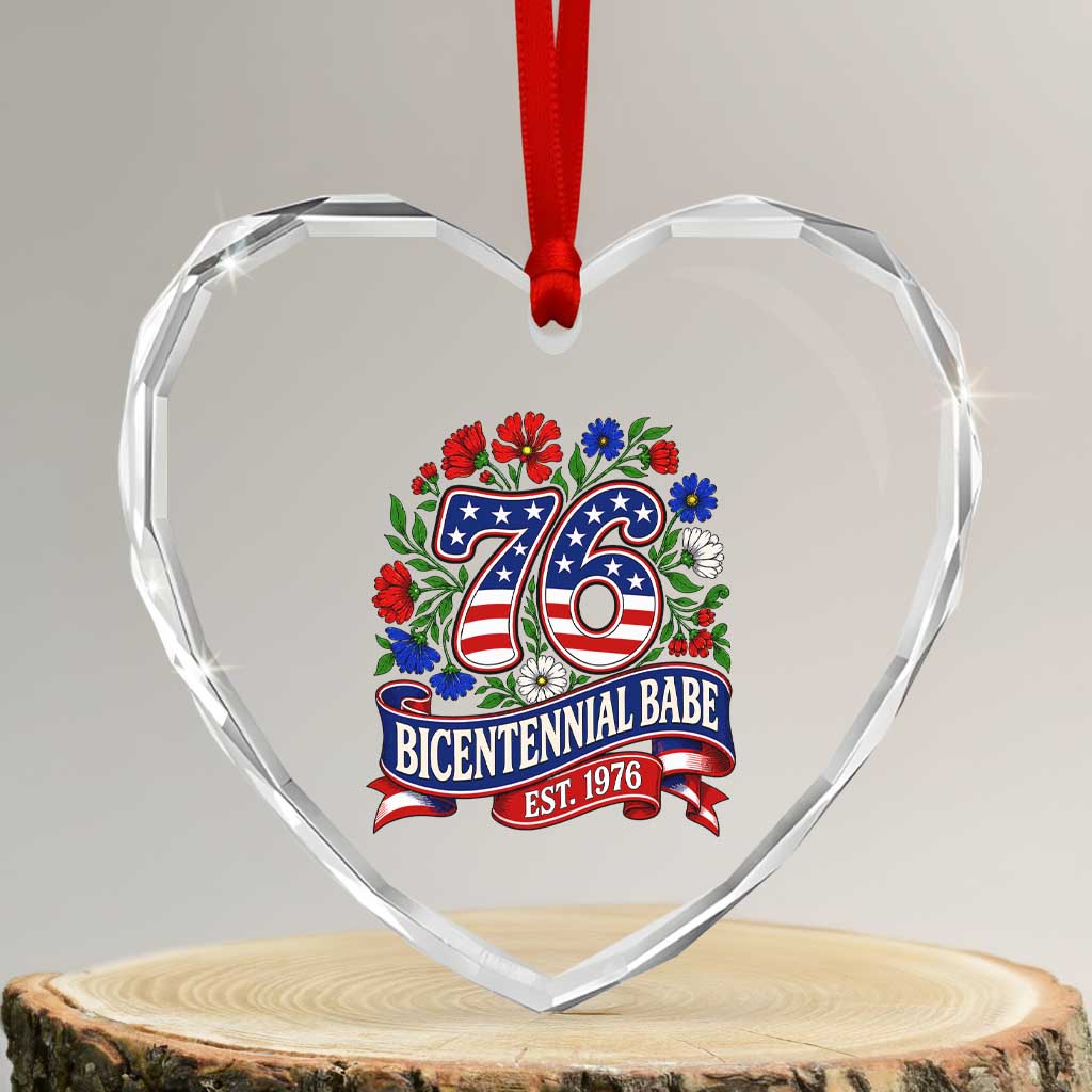 Bicentennial Babe 50th Birthday Heart Crystal Glass Ornament Vintage 1976 Retro USA Floral