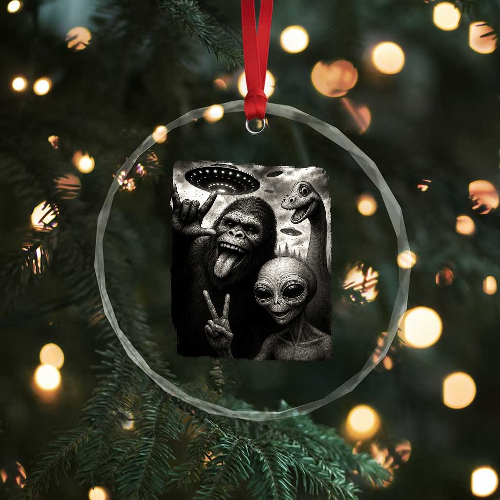 Bigfoot Alien Loch Ness Monster Crystal Glass Ornament Funny Cryptid UFO Selfie Sasquatch Rock On - Wonder Print Shop