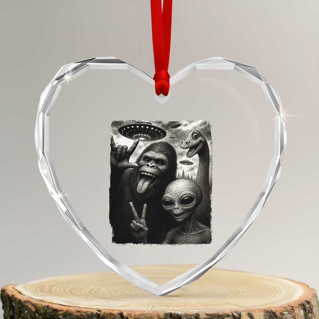 Bigfoot Alien Loch Ness Monster Heart Crystal Glass Ornament Funny Cryptid UFO Selfie Sasquatch Rock On - Wonder Print Shop