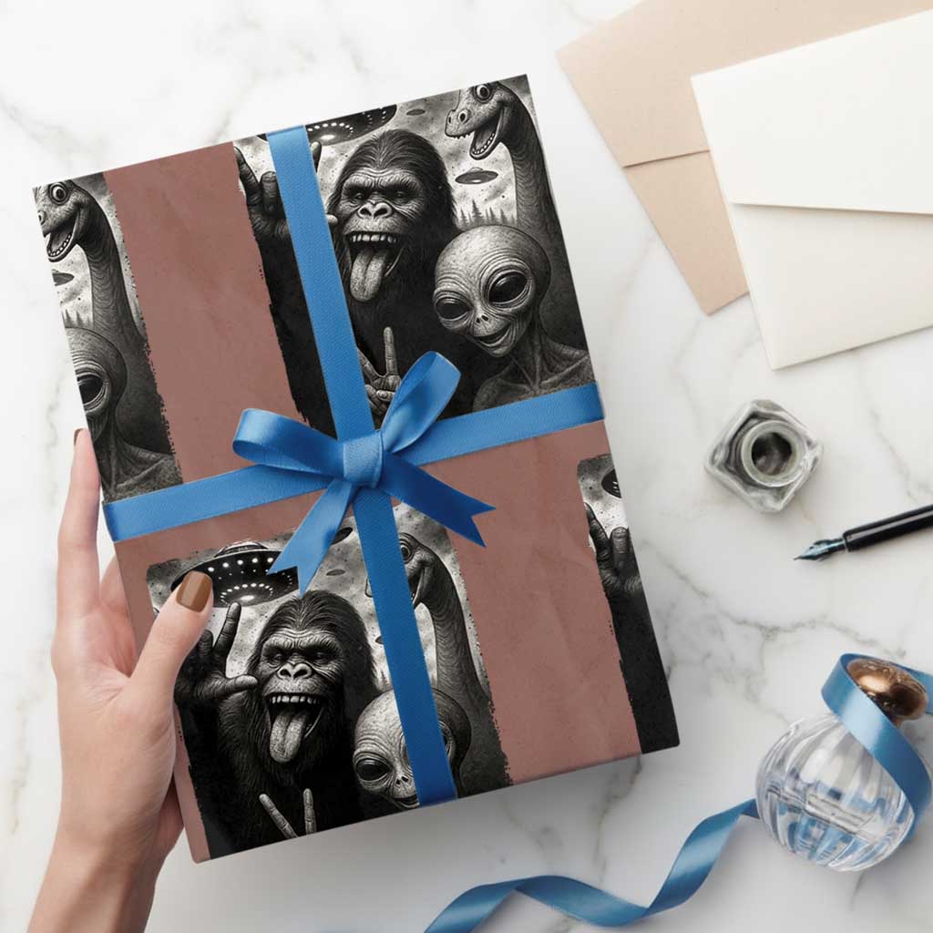 Bigfoot Alien Loch Ness Monster Wrapping Paper Roll Funny Cryptid UFO Selfie Sasquatch Rock On - Wonder Print Shop