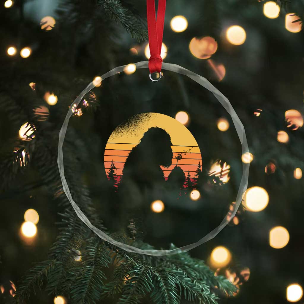 Bigfoot Blowing Dandelion Crystal Glass Ornament Retro Sunset Forest