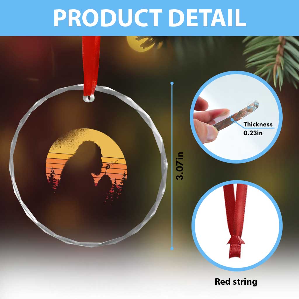 Bigfoot Blowing Dandelion Crystal Glass Ornament Retro Sunset Forest