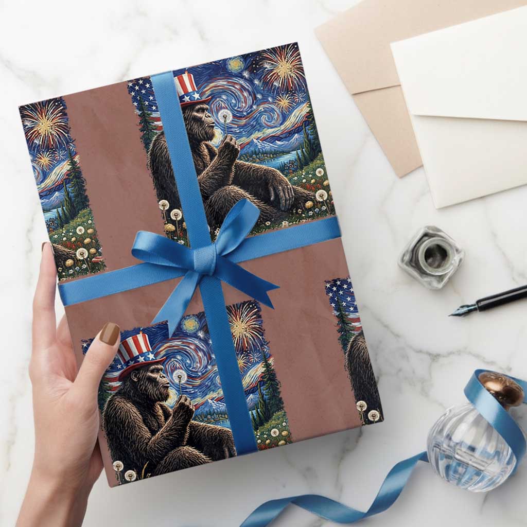 Bigfoot Blowing Dandelion Wrapping Paper Roll Sasquatch Van Gogh Starry Night 4th of July