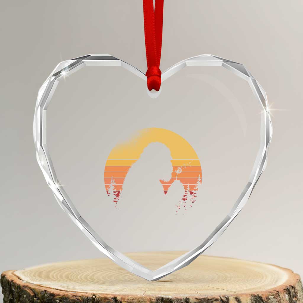 Bigfoot Blowing Dandelion Heart Crystal Glass Ornament Retro Sunset Forest