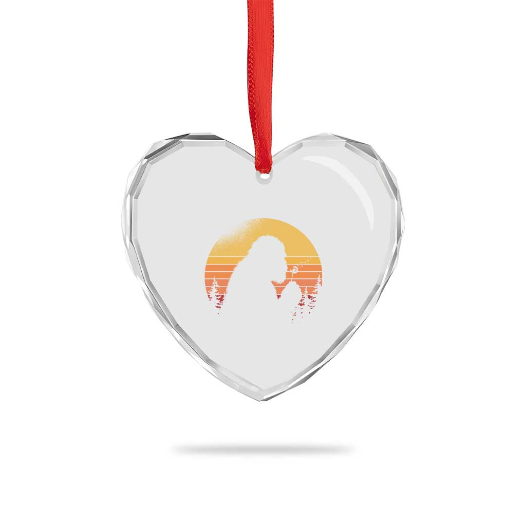 Bigfoot Blowing Dandelion Heart Crystal Glass Ornament Retro Sunset Forest