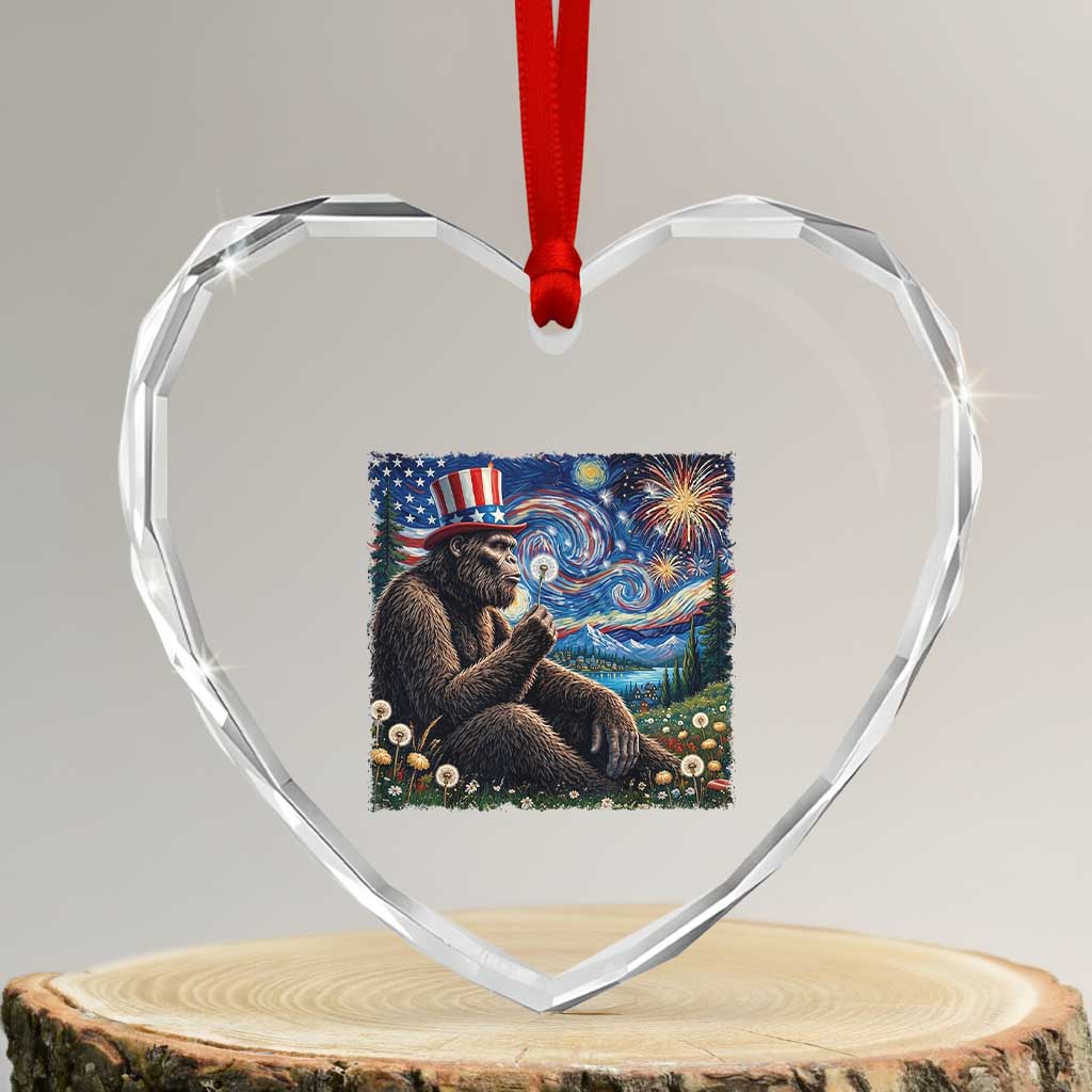 Bigfoot Blowing Dandelion Heart Crystal Glass Ornament Sasquatch Van Gogh Starry Night 4th of July