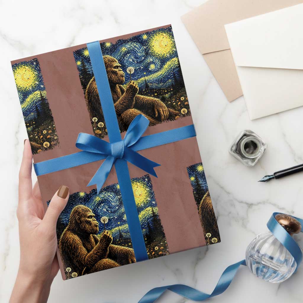 Bigfoot Blowing Dandelion Starry Night Wrapping Paper Roll Cryptid Mythical Creature National Park Monster Gift
