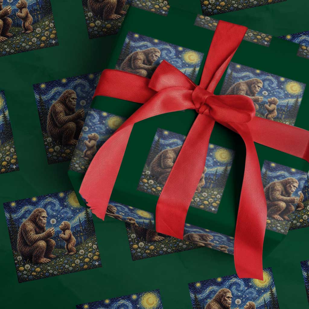 Bigfoot Blowing Dandelion Starry Night Wrapping Paper Roll Sasquatch Dad Fathers Day Father Son Matching
