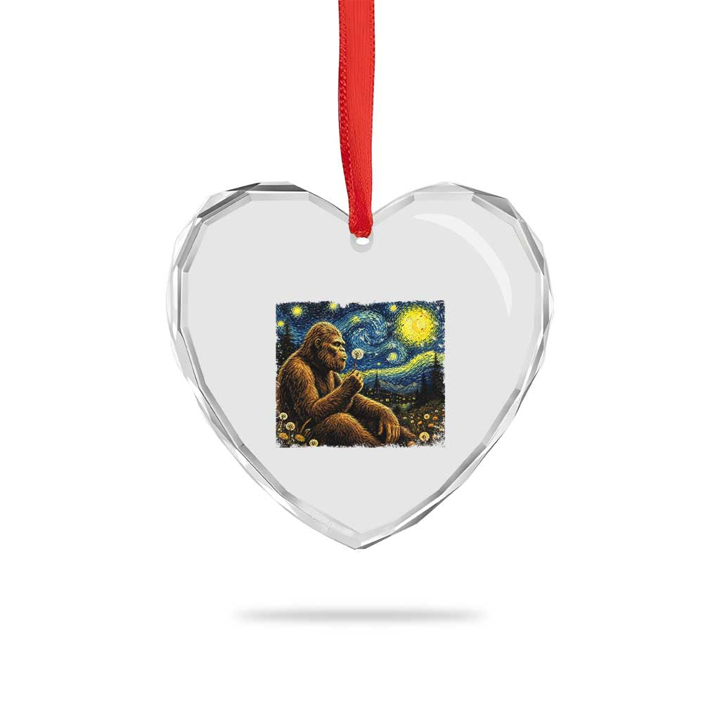 Bigfoot Blowing Dandelion Starry Night Heart Crystal Glass Ornament Cryptid Mythical Creature National Park Monster Gift