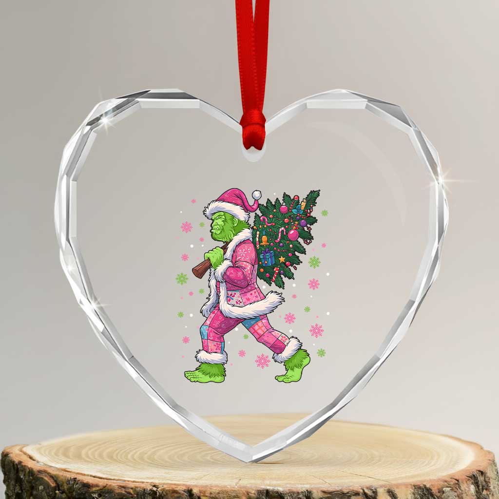 Bigfoot Christmas Tree Heart Crystal Glass Ornament Pink Xmas Funny Green Sasquatch - Wonder Print Shop