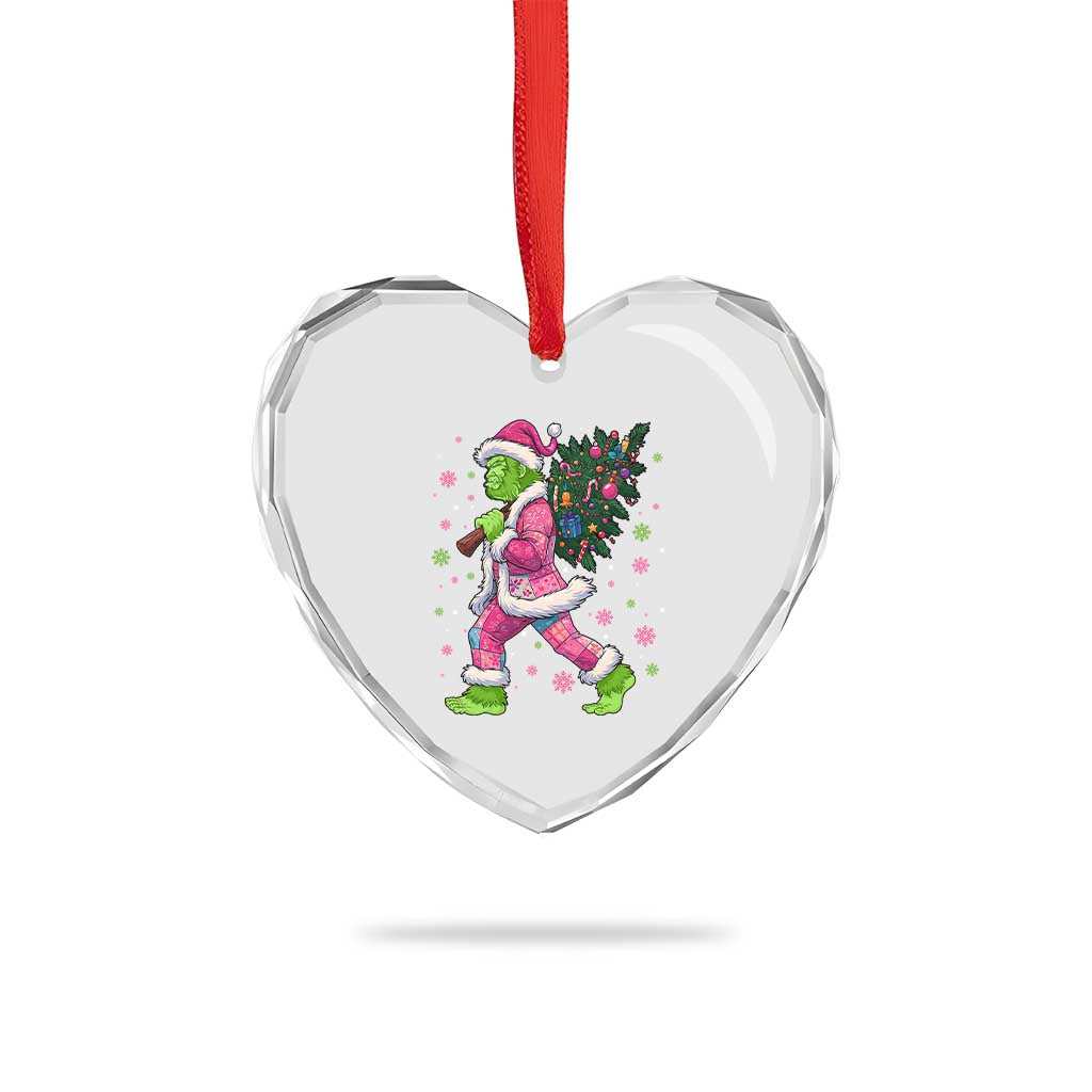 Bigfoot Christmas Tree Heart Crystal Glass Ornament Pink Xmas Funny Green Sasquatch - Wonder Print Shop