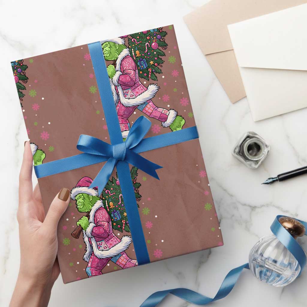 Bigfoot Christmas Tree Wrapping Paper Roll Pink Xmas Funny Green Sasquatch - Wonder Print Shop
