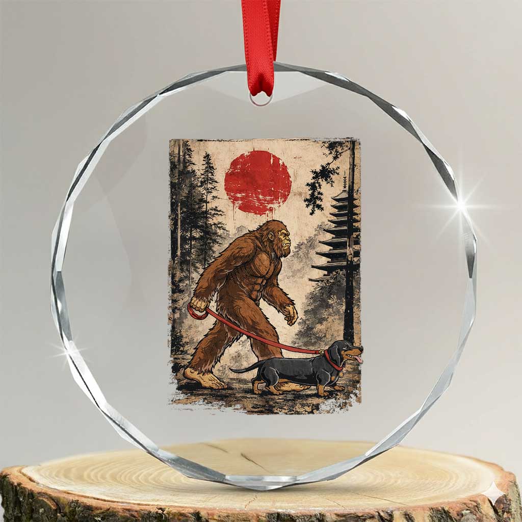 Bigfoot Dachshund Lovers Crystal Glass Ornament Japanese Vintage Graphic Ukiyo-e Art Sasquatch Wiener Dog Gift