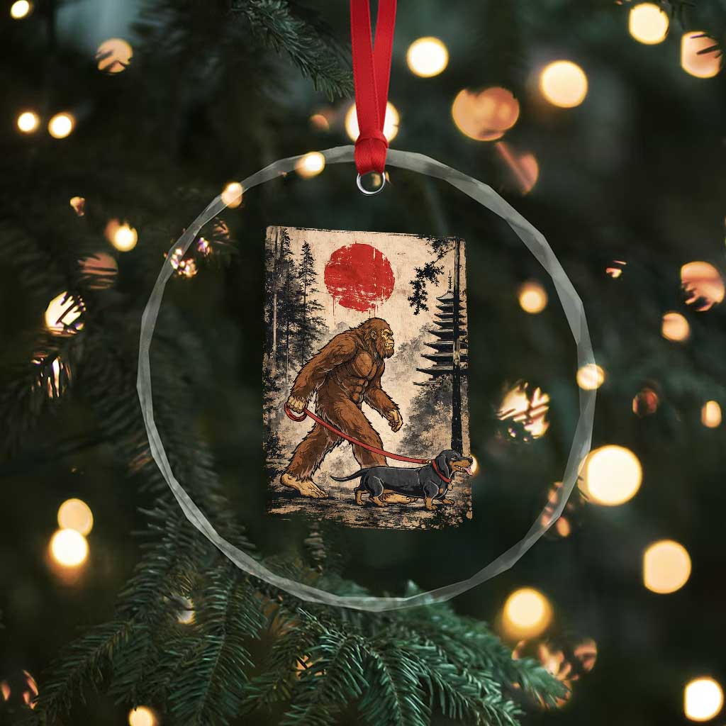 Bigfoot Dachshund Lovers Crystal Glass Ornament Japanese Vintage Graphic Ukiyo-e Art Sasquatch Wiener Dog Gift