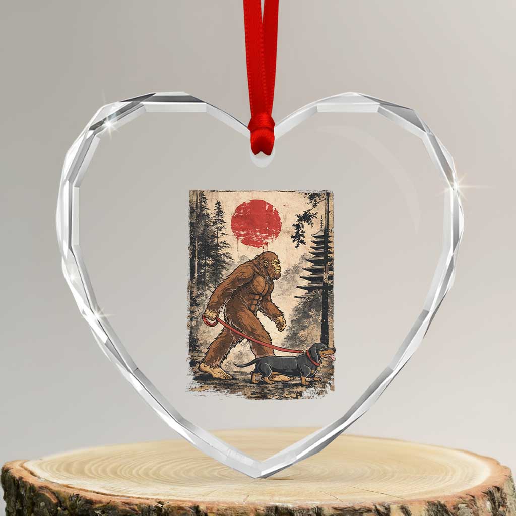 Bigfoot Dachshund Lovers Heart Crystal Glass Ornament Japanese Vintage Graphic Ukiyo-e Art Sasquatch Wiener Dog Gift