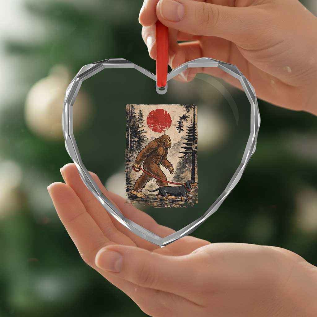 Bigfoot Dachshund Lovers Heart Crystal Glass Ornament Japanese Vintage Graphic Ukiyo-e Art Sasquatch Wiener Dog Gift