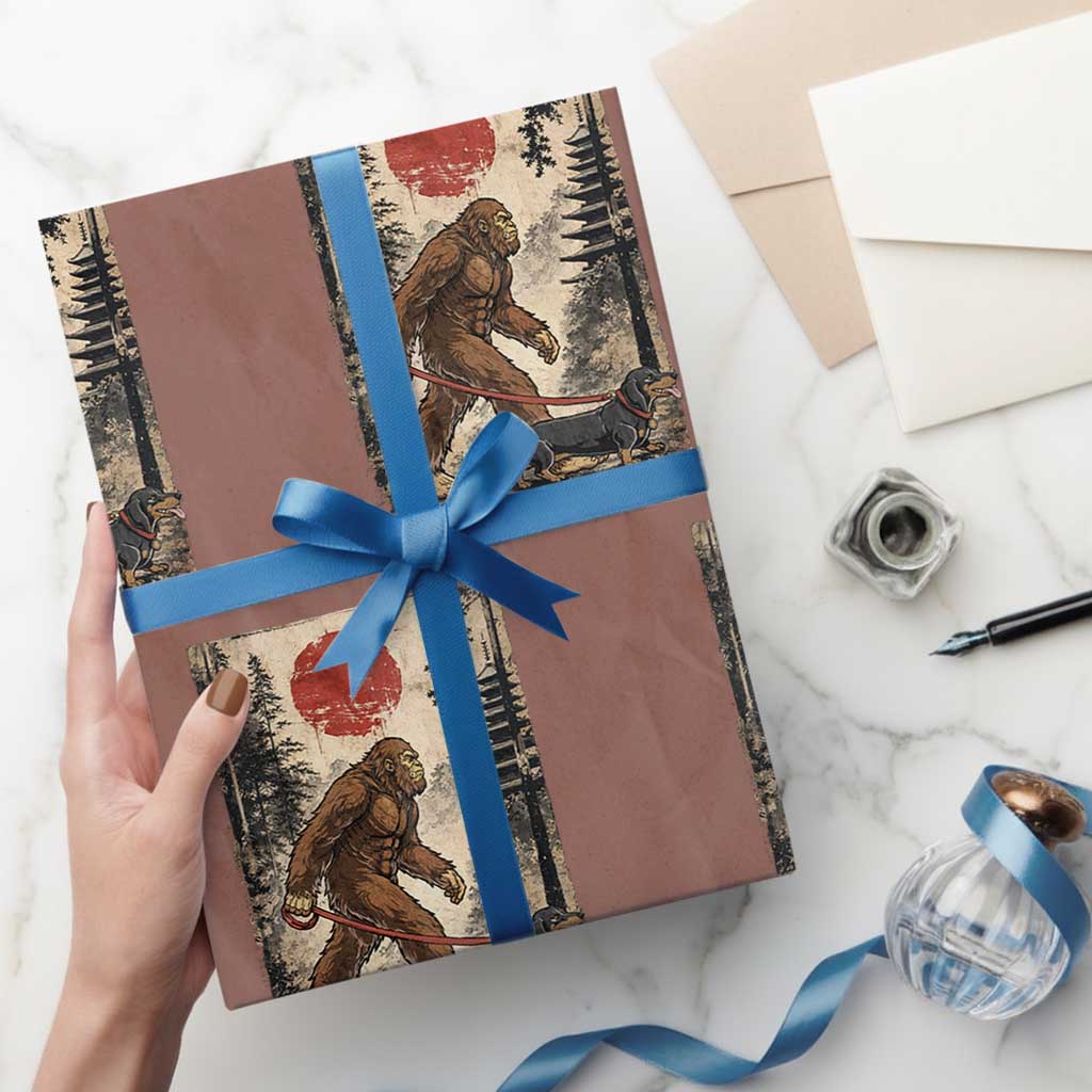 Bigfoot Dachshund Lovers Wrapping Paper Roll Japanese Vintage Graphic Ukiyo-e Art Sasquatch Wiener Dog Gift