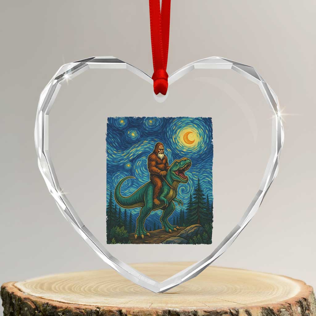Bigfoot Dinosaur Heart Crystal Glass Ornament Funny Prehistoric Starry Night Van Gogh - Wonder Print Shop