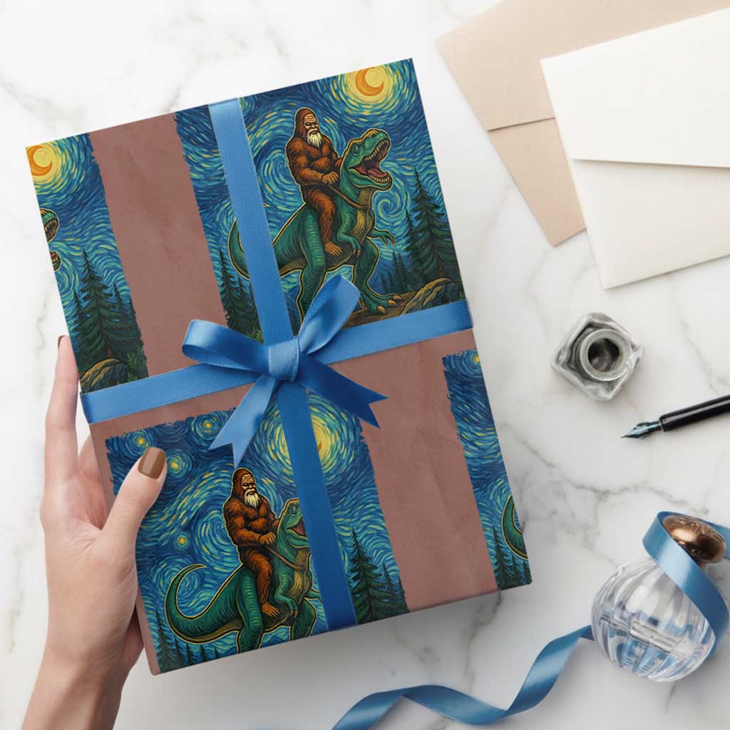 Bigfoot Dinosaur Wrapping Paper Roll Funny Prehistoric Starry Night Van Gogh - Wonder Print Shop