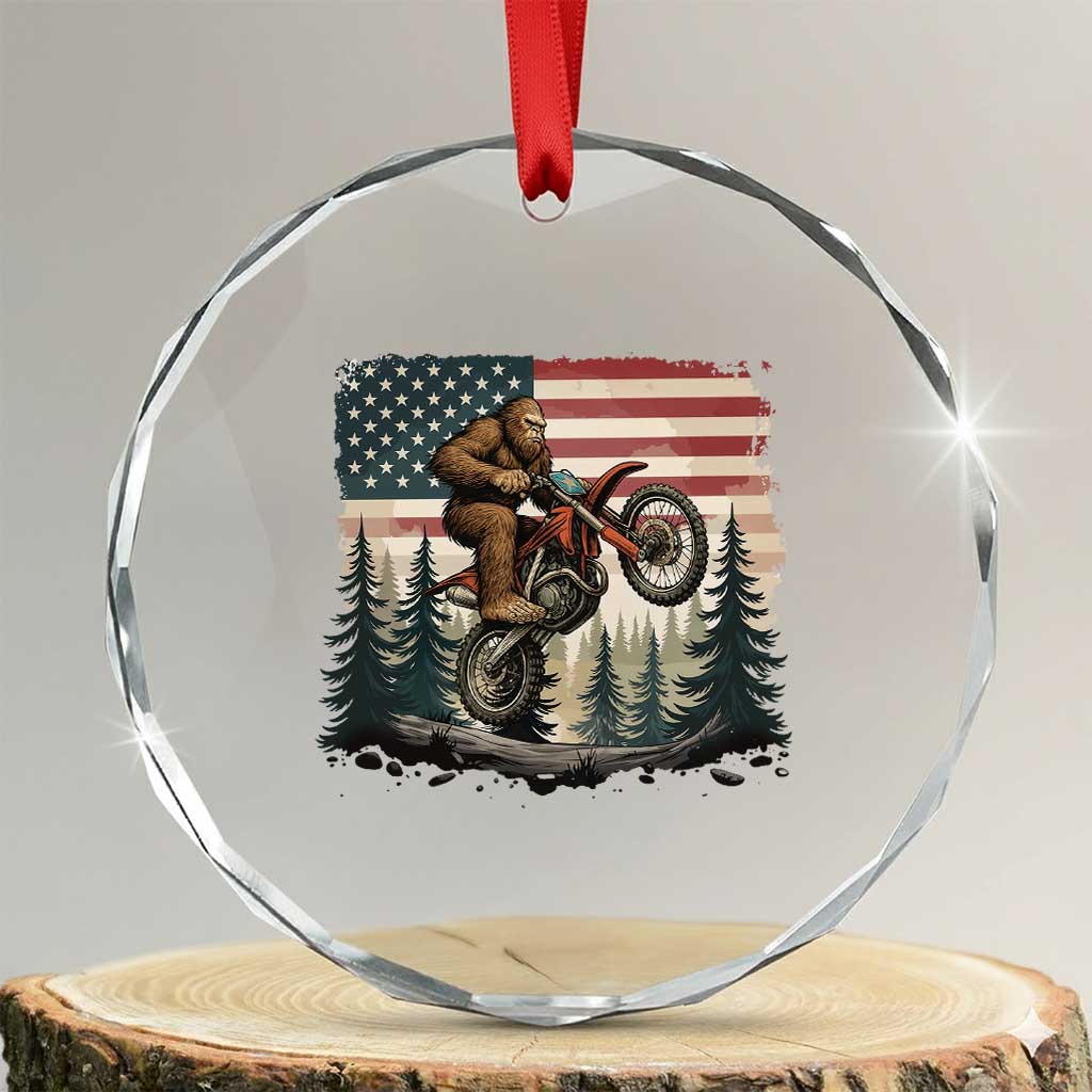 Bigfoot Dirt Bike Crystal Glass Ornament Patriotic Sasquatch American Flag TS14