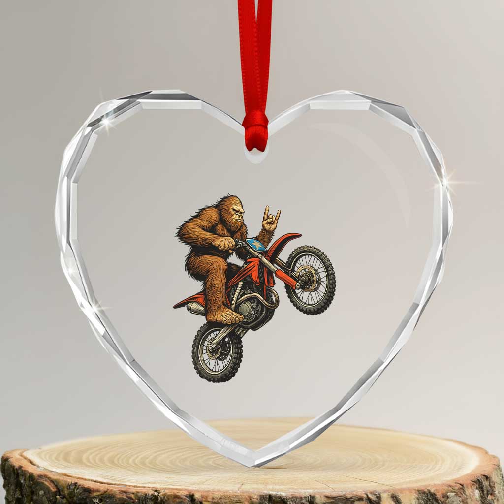 Bigfoot Dirt Bike Heart Crystal Glass Ornament Motocross Sasquatch Rock On Hand - Wonder Print Shop