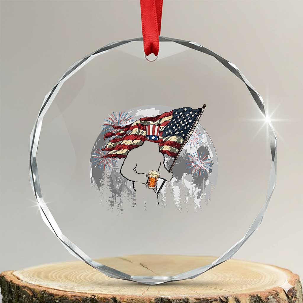 Bigfoot Drinking Beer 4th of July Crystal Glass Ornament Sasquatch Hiking Moon American Flag