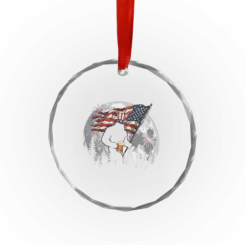 Bigfoot Drinking Beer 4th of July Crystal Glass Ornament Sasquatch Hiking Moon American Flag