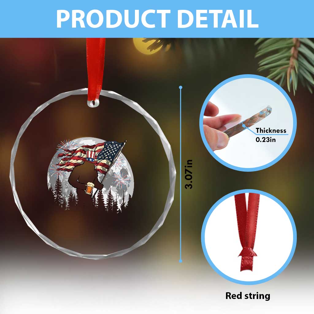 Bigfoot Drinking Beer 4th of July Crystal Glass Ornament Sasquatch Hiking Moon American Flag