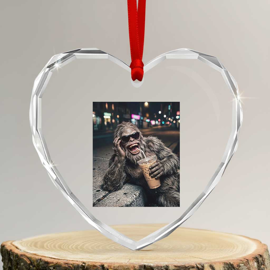 Bigfoot Drinking Iced Coffee Heart Crystal Glass Ornament Funny Sasquatch Streetwear
