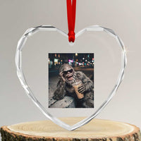Bigfoot Drinking Iced Coffee Heart Crystal Glass Ornament Funny Sasquatch Streetwear