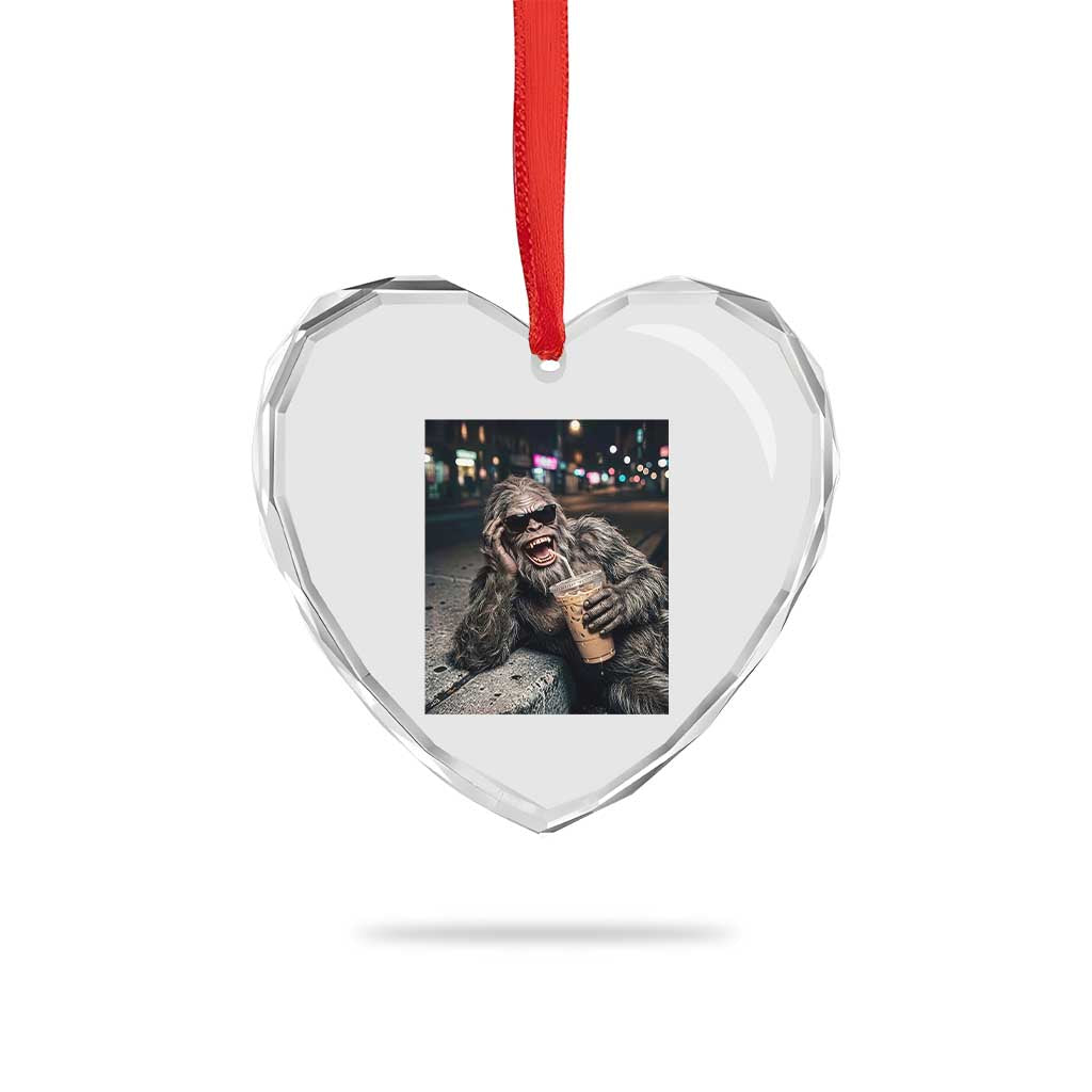 Bigfoot Drinking Iced Coffee Heart Crystal Glass Ornament Funny Sasquatch Streetwear