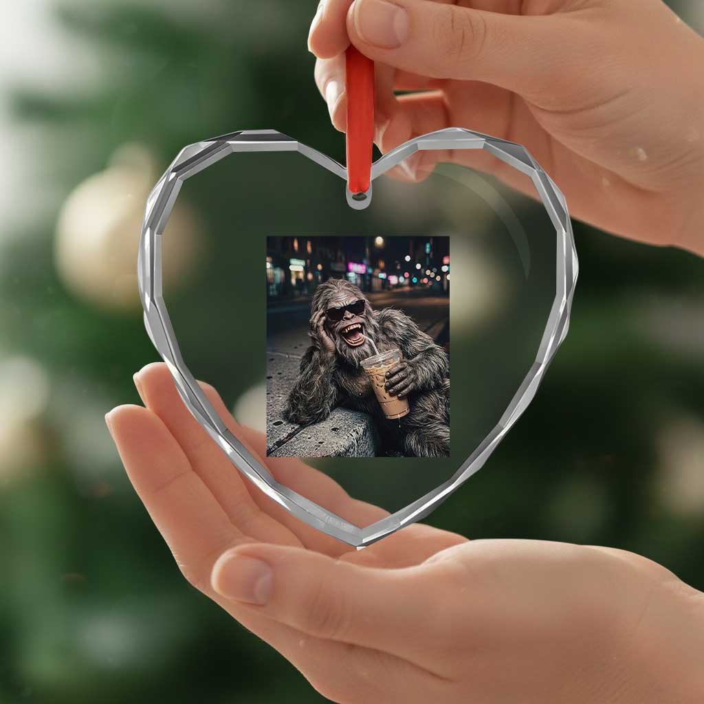 Bigfoot Drinking Iced Coffee Heart Crystal Glass Ornament Funny Sasquatch Streetwear