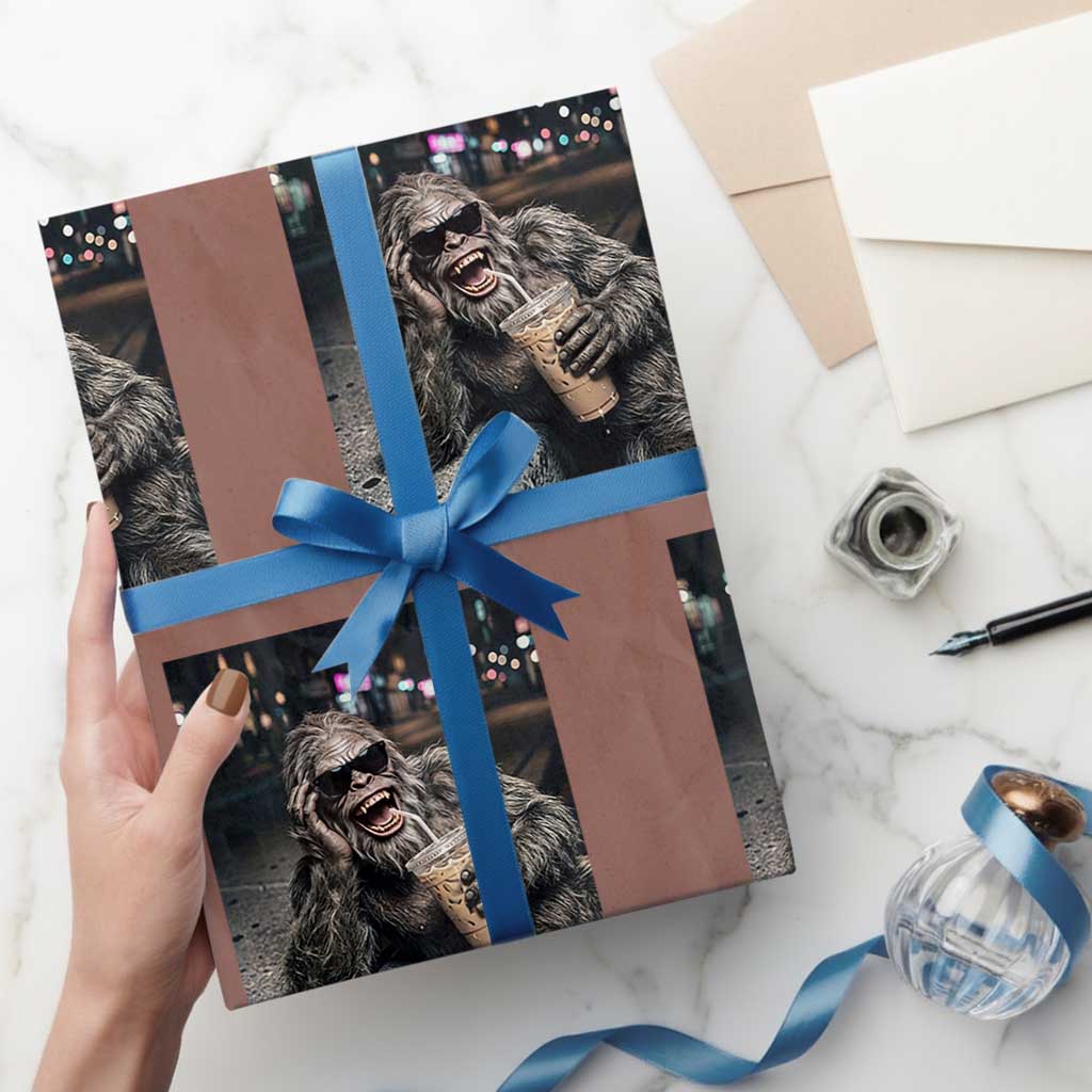 Bigfoot Drinking Iced Coffee Wrapping Paper Roll Funny Sasquatch Streetwear