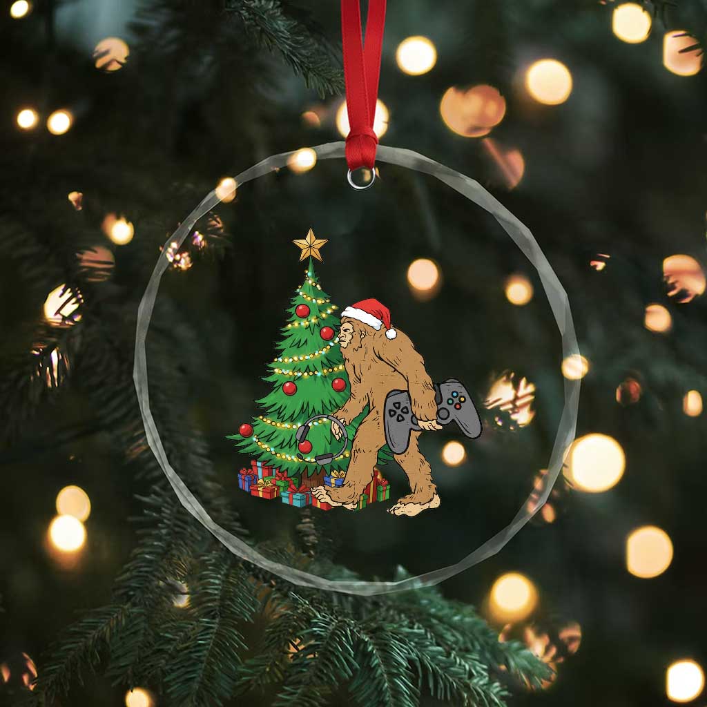 Bigfoot Gamer Christmas Crystal Glass Ornament Funny Sasquatch Gaming Xmas - Wonder Print Shop