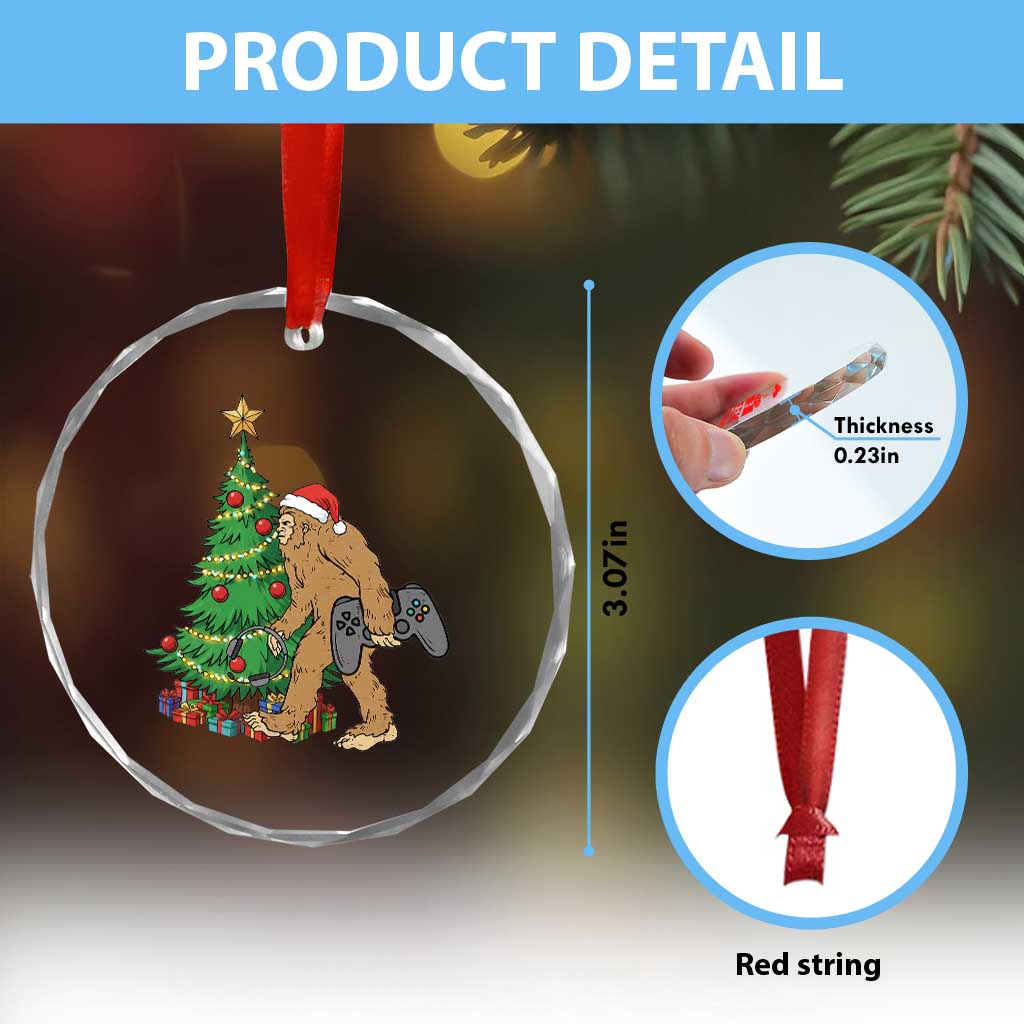 Bigfoot Gamer Christmas Crystal Glass Ornament Funny Sasquatch Gaming Xmas - Wonder Print Shop