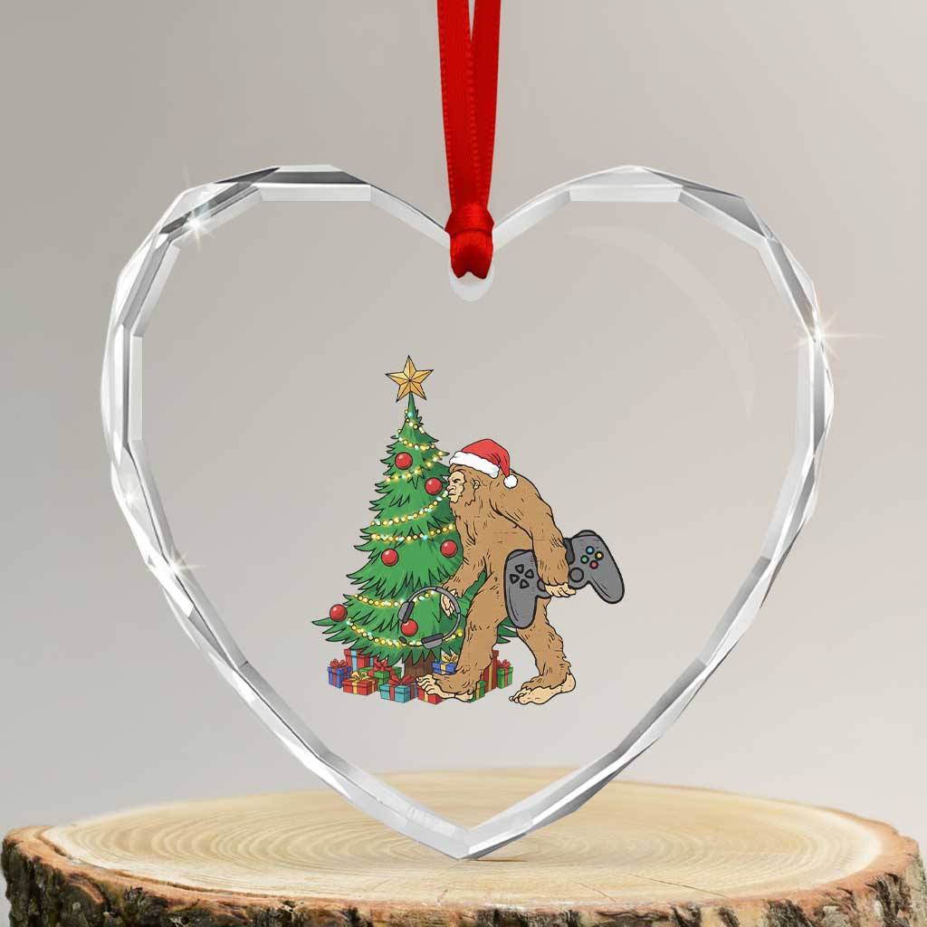 Bigfoot Gamer Christmas Heart Crystal Glass Ornament Funny Sasquatch Gaming Xmas - Wonder Print Shop