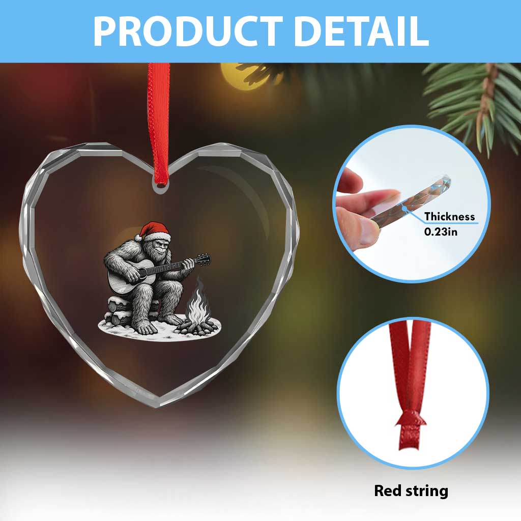 Bigfoot Guitar Christmas Heart Crystal Glass Ornament Sasquatch Guitarist Music Xmas - Wonder Print Shop