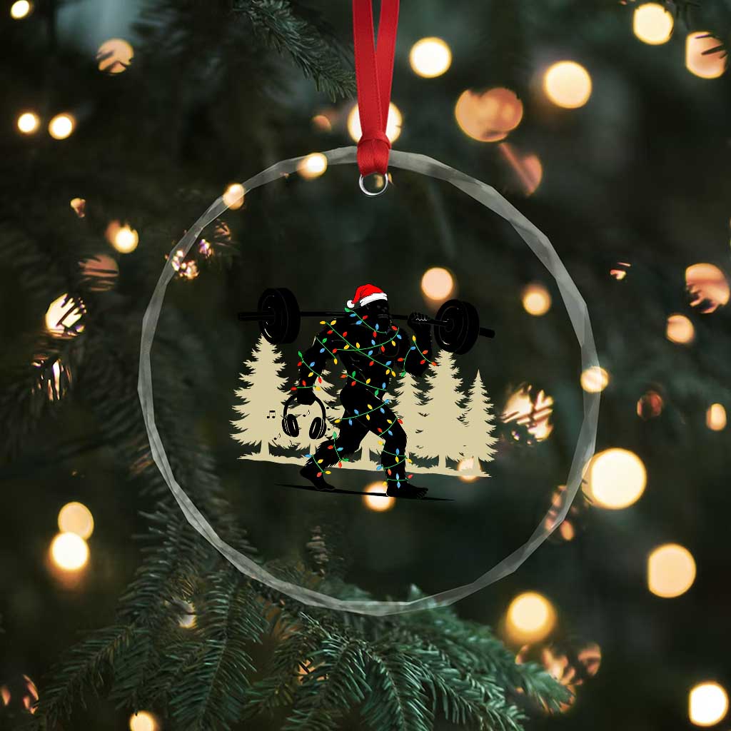 Bigfoot Gym Christmas Crystal Glass Ornament Funny Sasquatch Bodybuilding Weightlifting - Wonder Print Shop