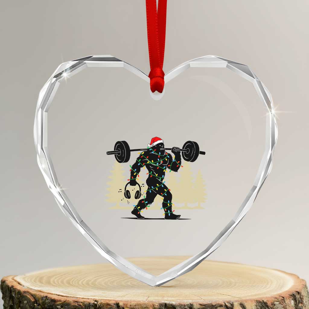 Bigfoot Gym Christmas Heart Crystal Glass Ornament Funny Sasquatch Bodybuilding Weightlifting - Wonder Print Shop