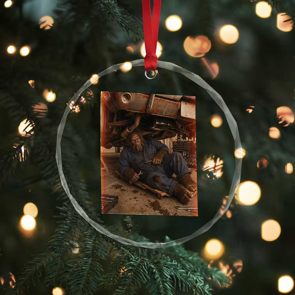 Bigfoot Mechanic Meme Crystal Glass Ornament Funny Sasquatch Fixing Cars