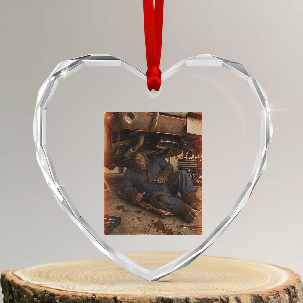 Bigfoot Mechanic Meme Heart Crystal Glass Ornament Funny Sasquatch Fixing Cars